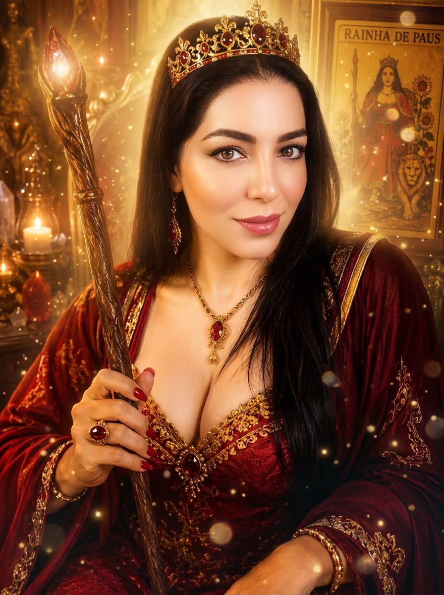 Médium Marcela em traje vermelho e dourado com cetro e cartas de tarô