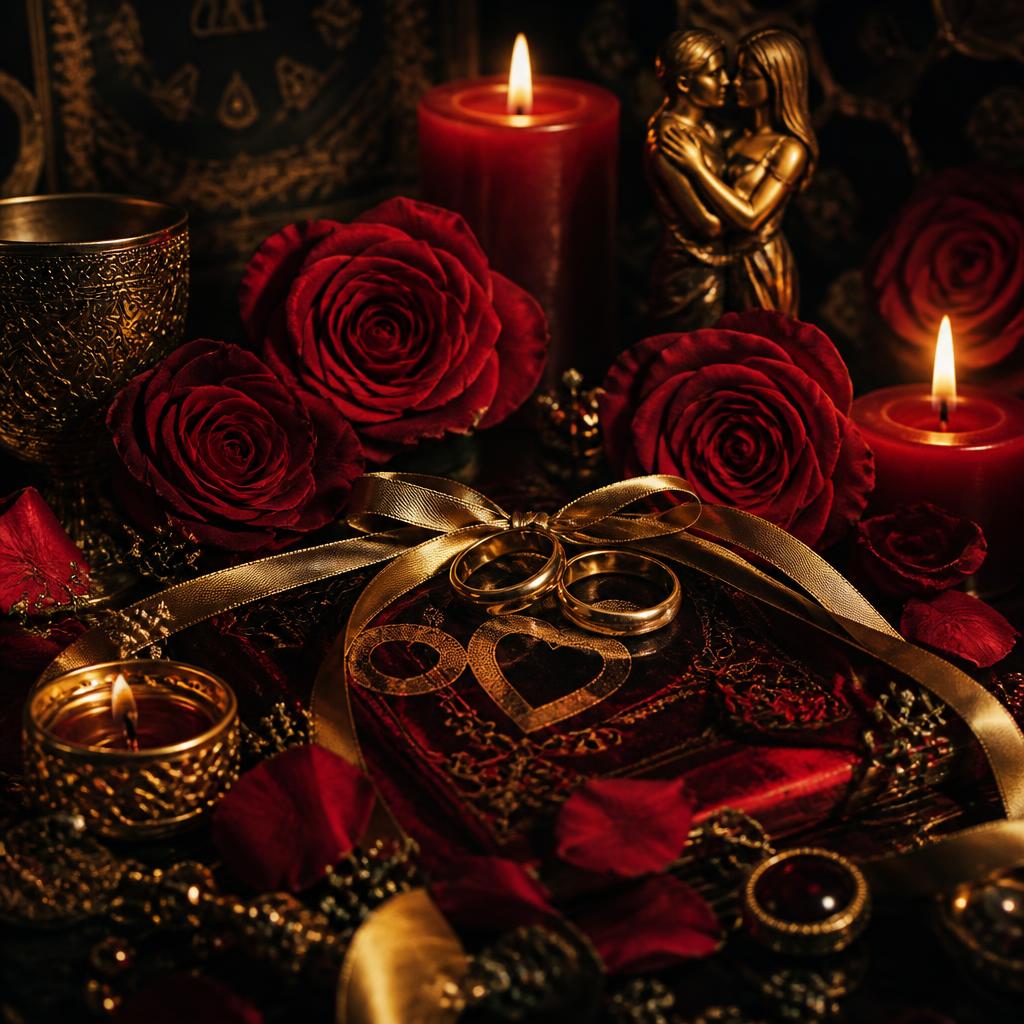 Composição romântica com velas, rosas e alianças